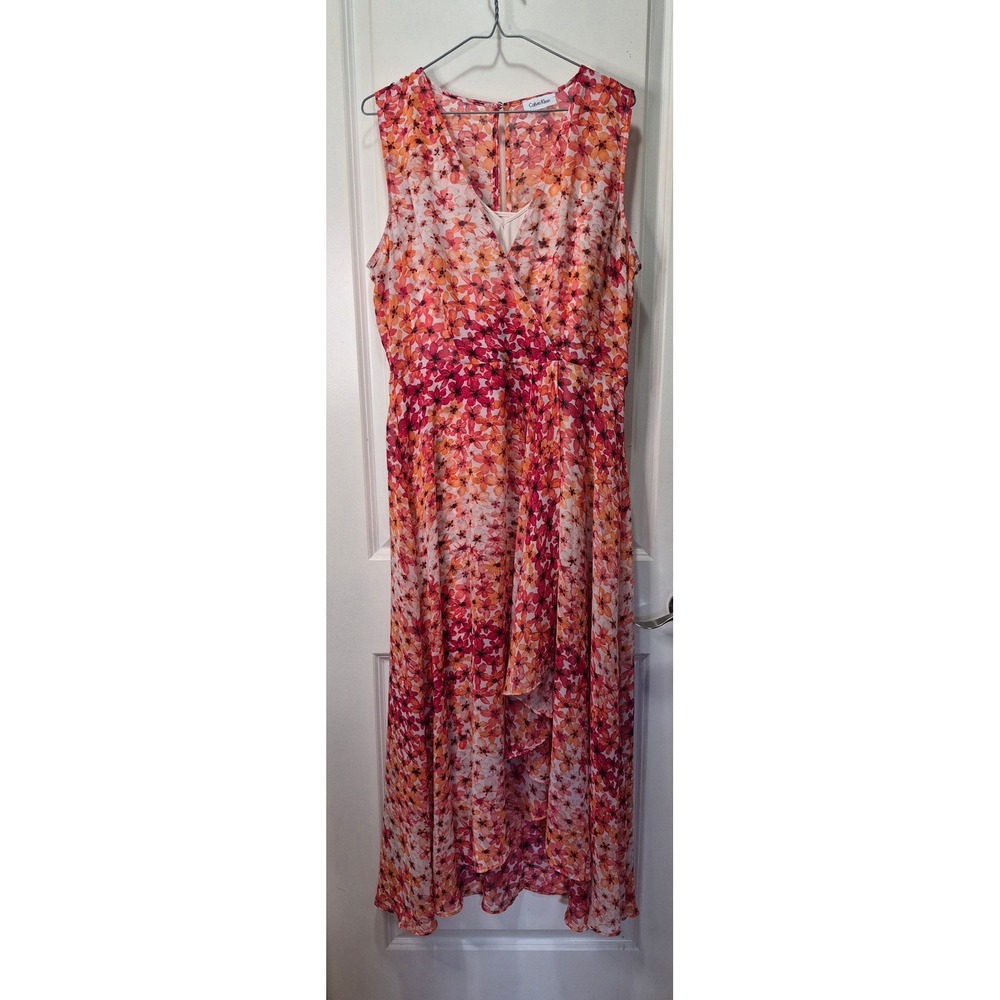 Calvin Klein Floral Chiffon High-Low Maxi Dress Pink Orange CD8HX321 Size 14